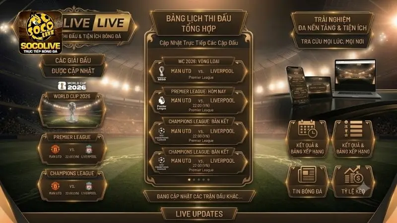 Lịch thi đấu bóng đá hôm nay các giải đấu lớn được cập nhật liên tục trên Socolive TV