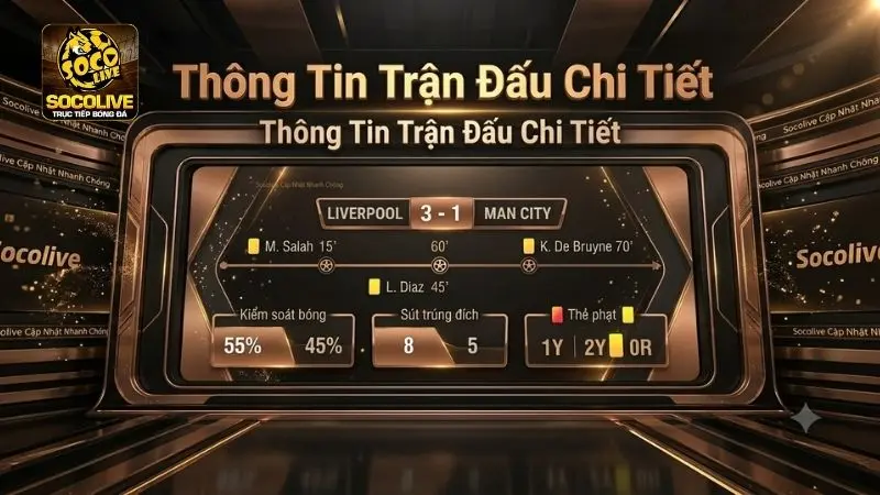 Thống kê trận đấu, tỷ số, kiểm soát bóng, thẻ phạt và diễn biến trận đấu tại Socolive TV