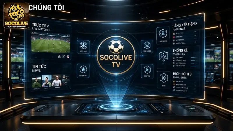 Trang giới thiệu Socolive TV với các chuyên mục trực tiếp, tin tức, bảng xếp hạng và thống kê bóng đá